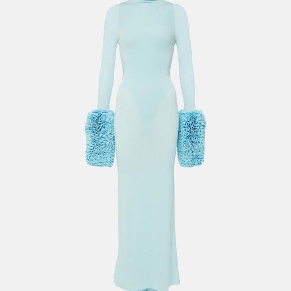 New Alaia Ruffle Dress in Ciel blue long sleeve maxi jersey bodycon - Picture 11 of 15